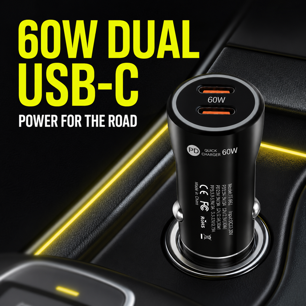 60W Dual-Port USB-C Car Charger